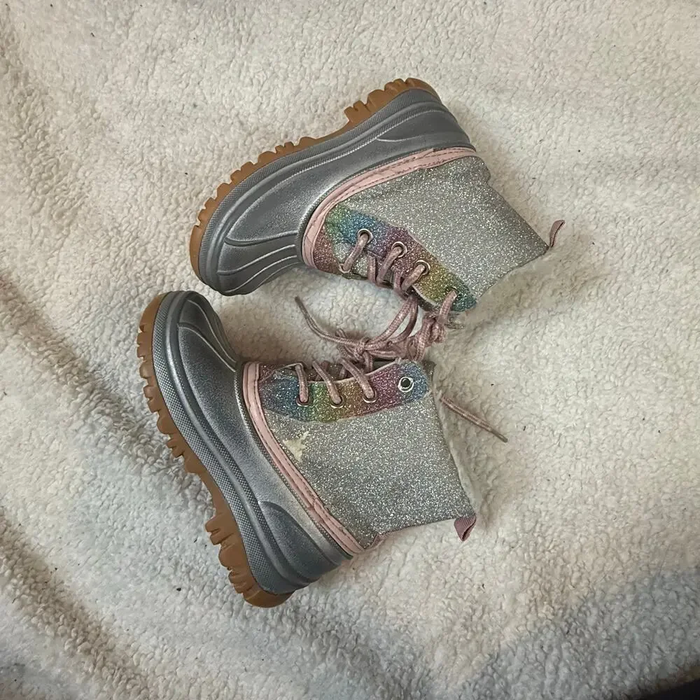 Juicy Couture Silver Glitter Rainbow Snow Winter Boots Girls Toddler 10 Faux Fur